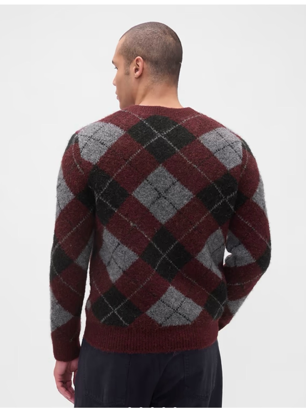 GAP Men's Burgundy and Gray Argyle V-Neck Sweater - Picture 3 of 4